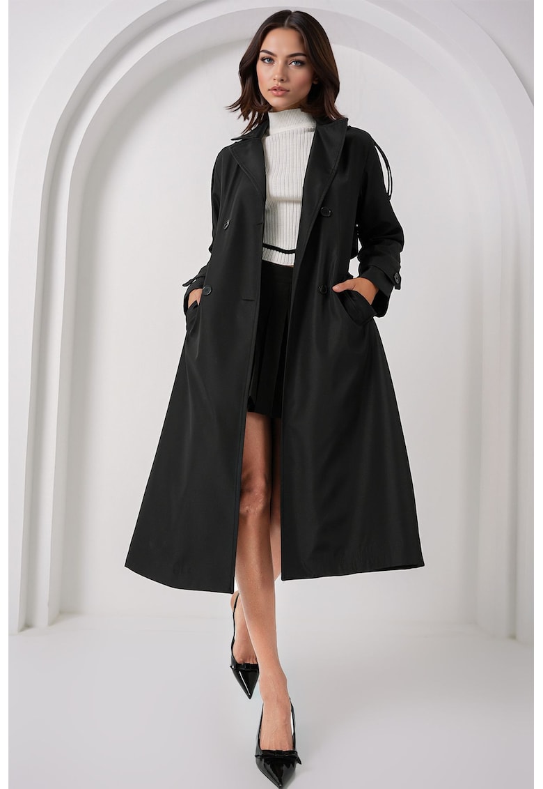 Palton dama trench lung - negru - poliester - doua randuri de nasturi