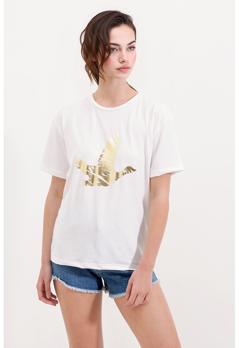 Tricou cu decolteu la baza gatului cu imprimeu metalizat