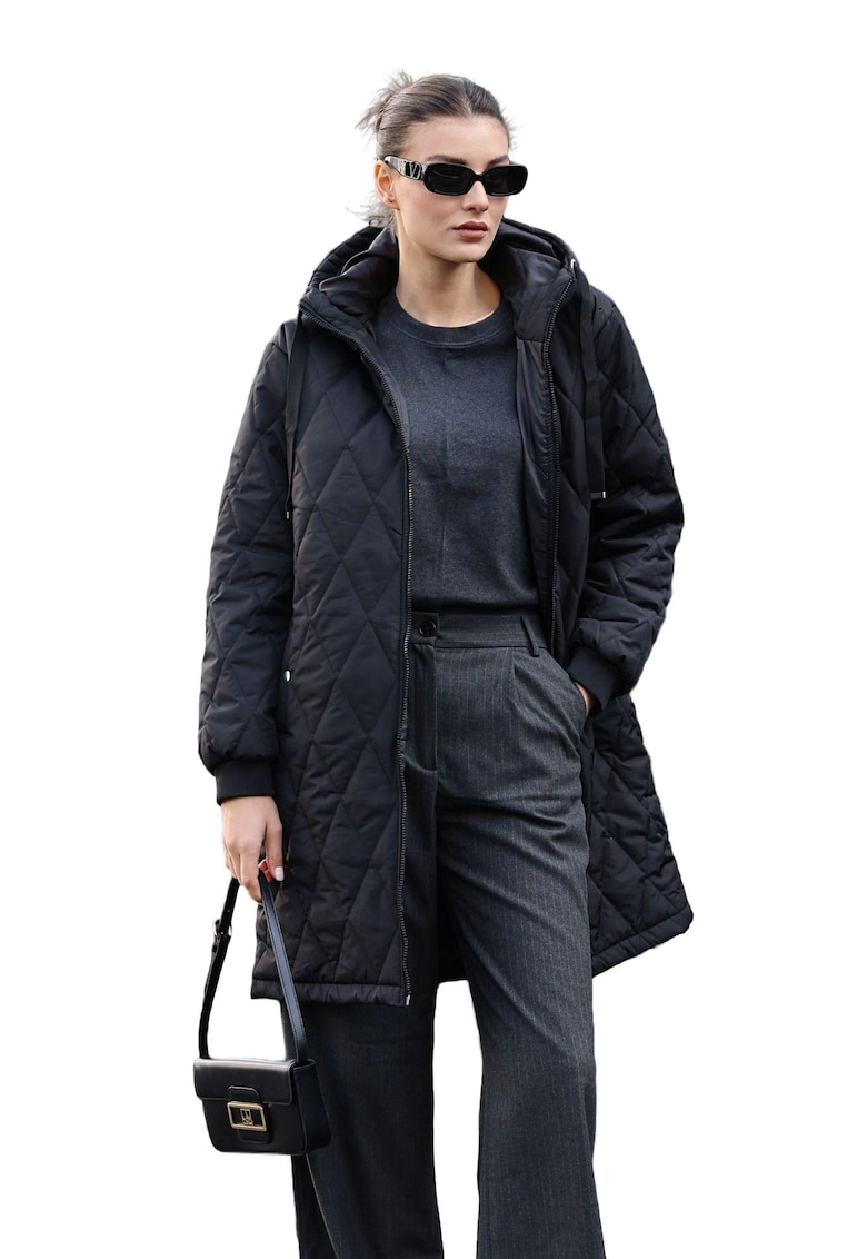 Geaca lunga dama - cu gluga - textil - negru