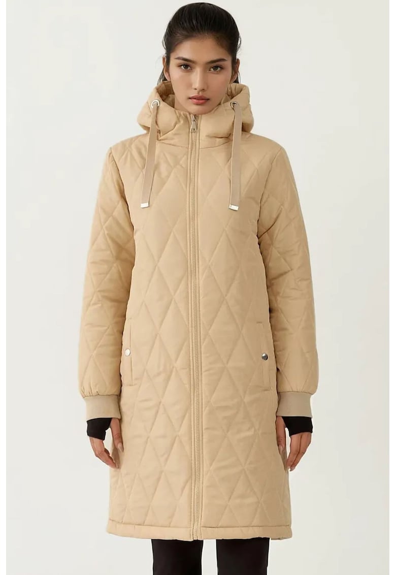 Palton lung cu gluga bej - din gabardina texturata