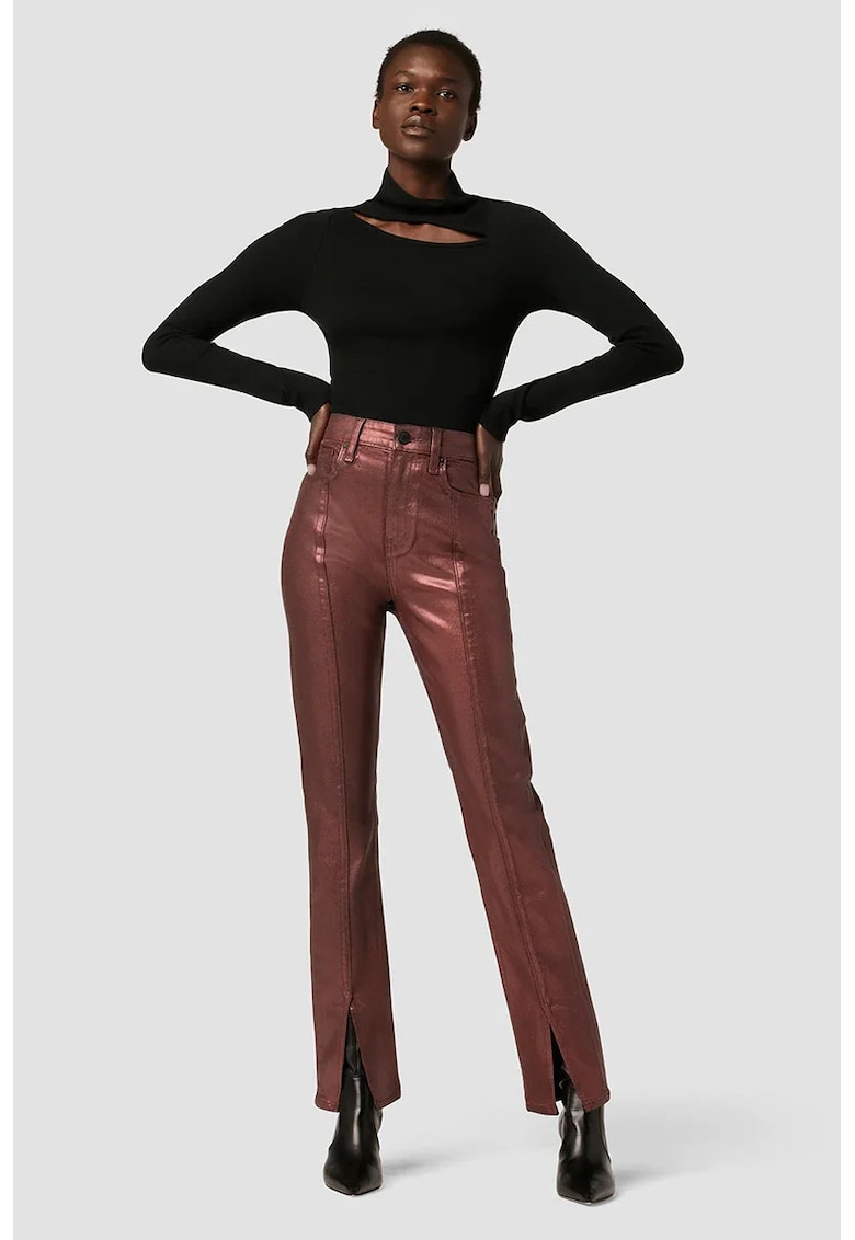 Blugi damă cu talie înaltă și croi drept - în finisaj metalizat - Rosu