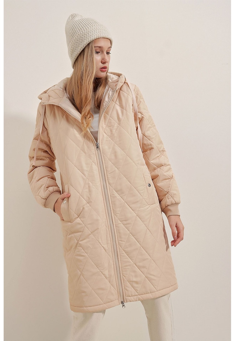 Geaca lunga cu puf - supradimensionat - cu gluga - maro melanj - textil