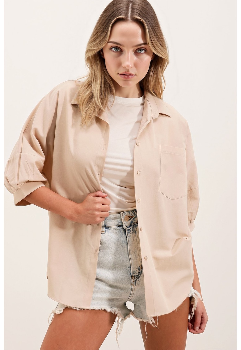 Camasi dama -  camasa din poplin - croiala lejera - crem - bumbac