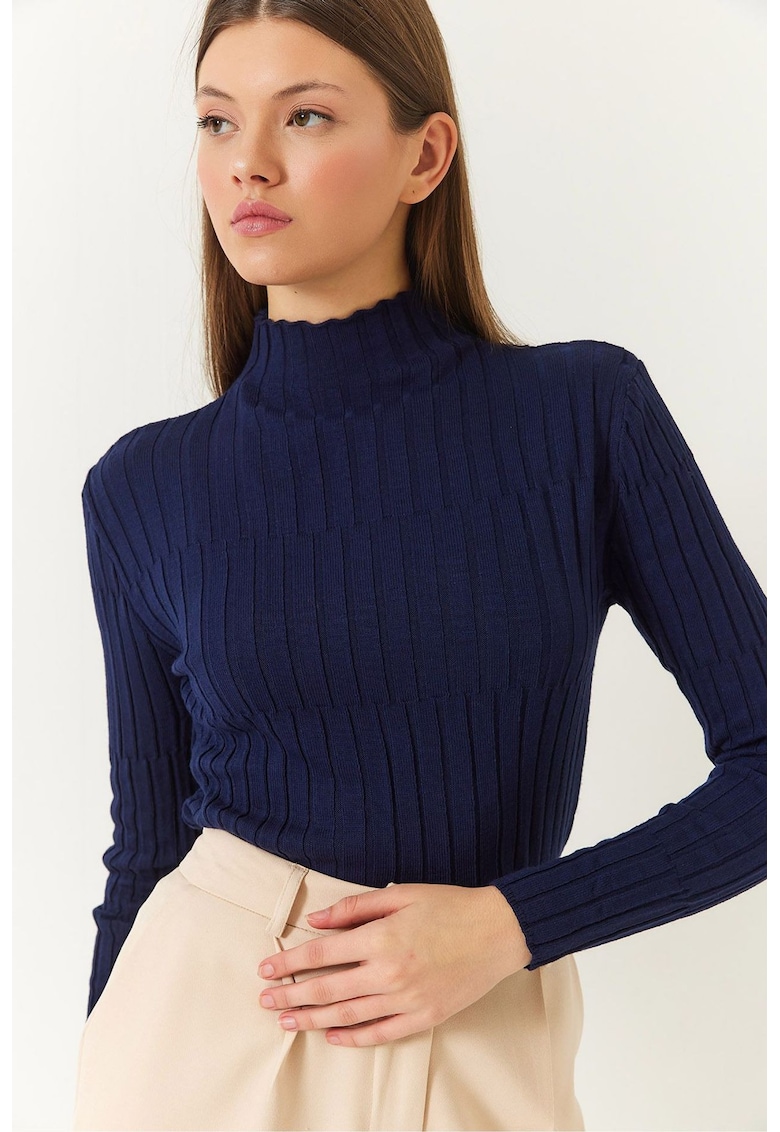 Pulover dama - cu guler inalt - acril/poliester - bleumarin -