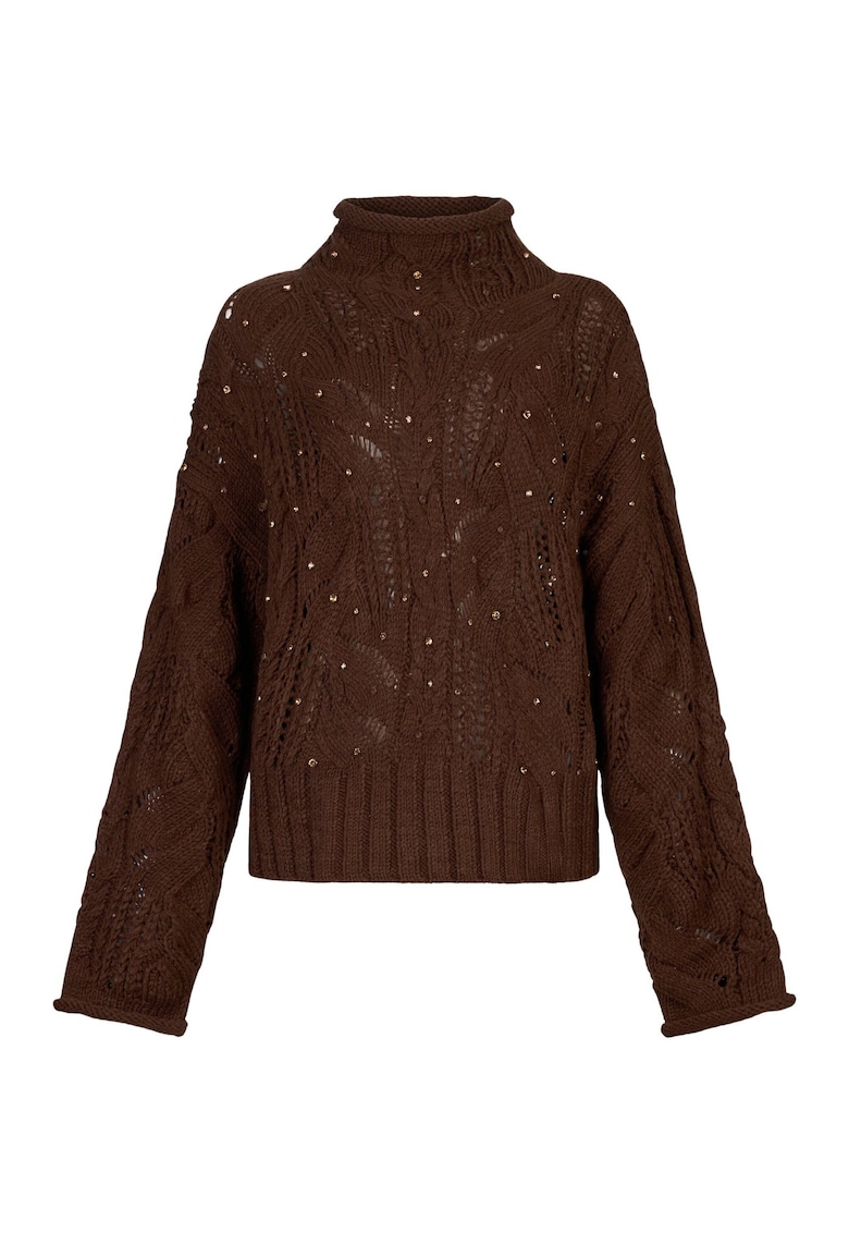 Pulover din amestec de lana cu strasuri - Maro