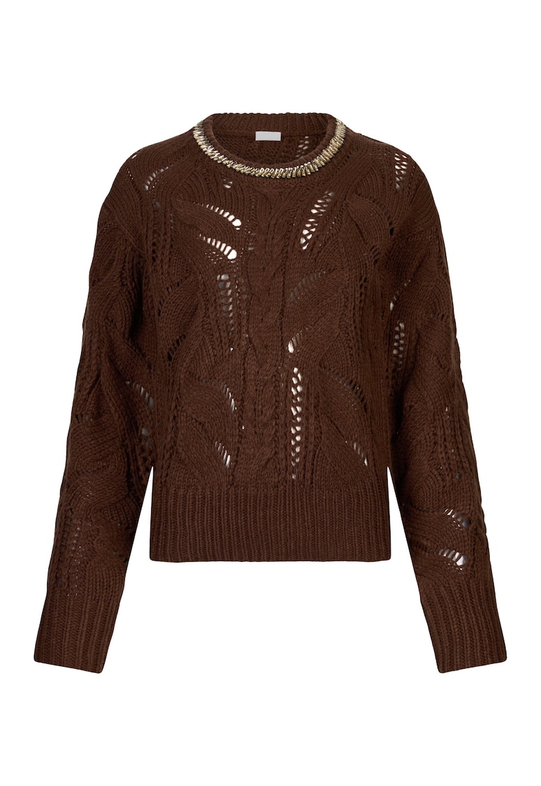 Pulover din amestec de lana cu perforatii - Maro