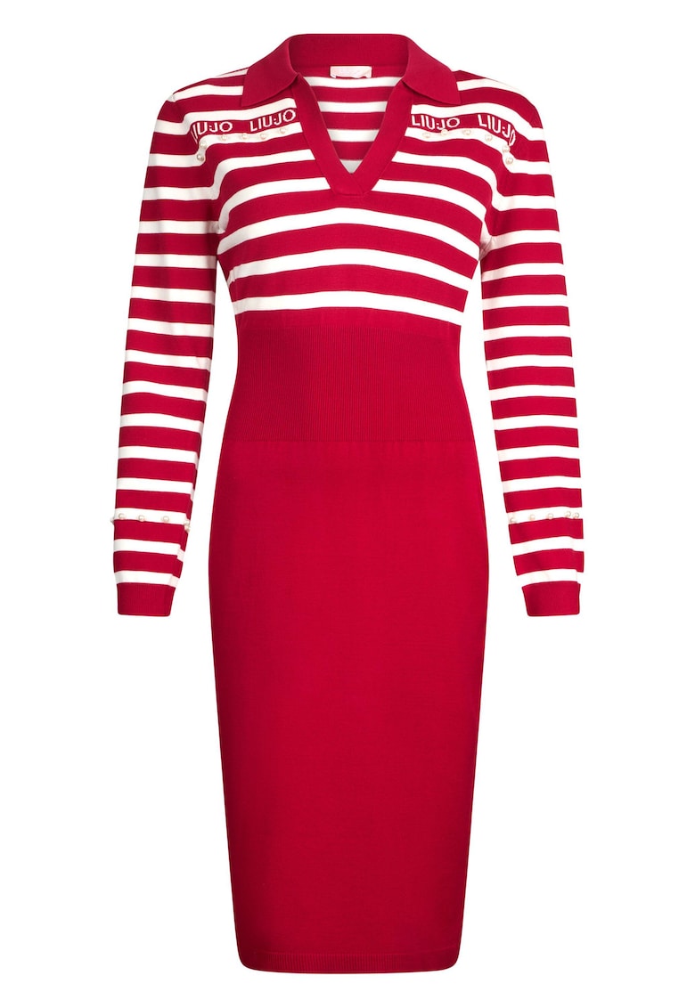 Rochie cambrata cu aplicatii din margele si dungi - Rosu