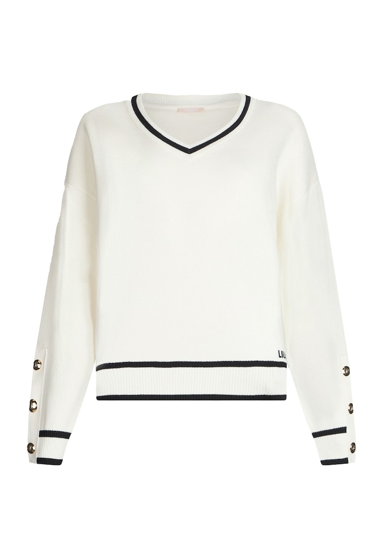 Pulover cu dungi contrastante si decolteu in V - Alb
