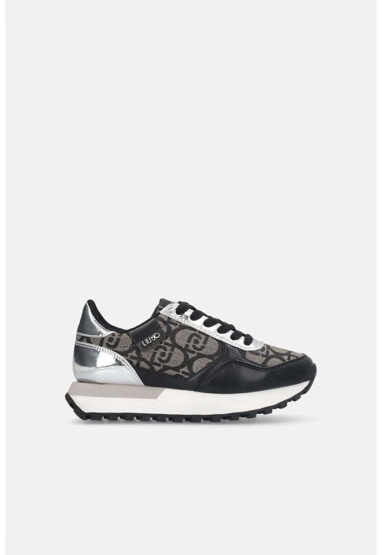 Pantofi sport de piele ecologica cu model monograma - Negru/Argintiu