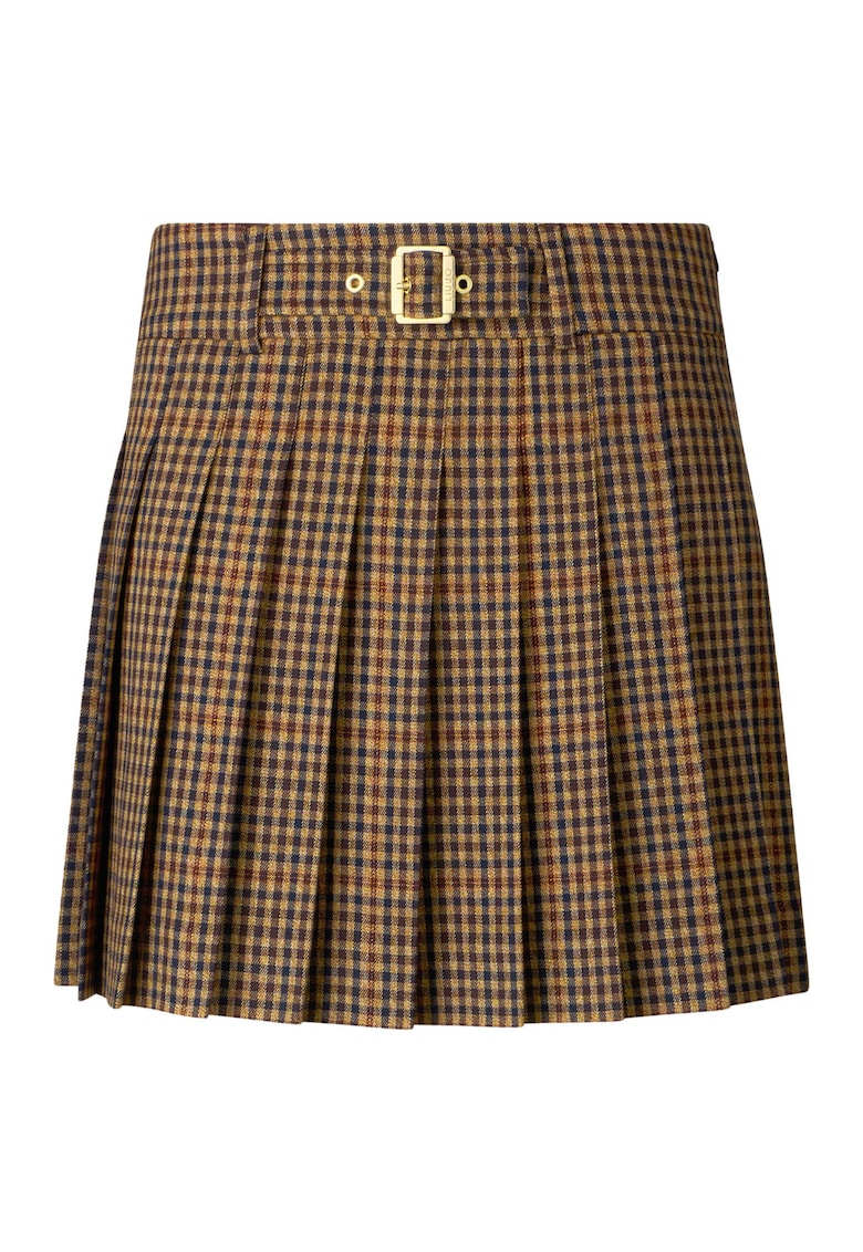 Fusta mini cu model in carouri si pliuri - Maro