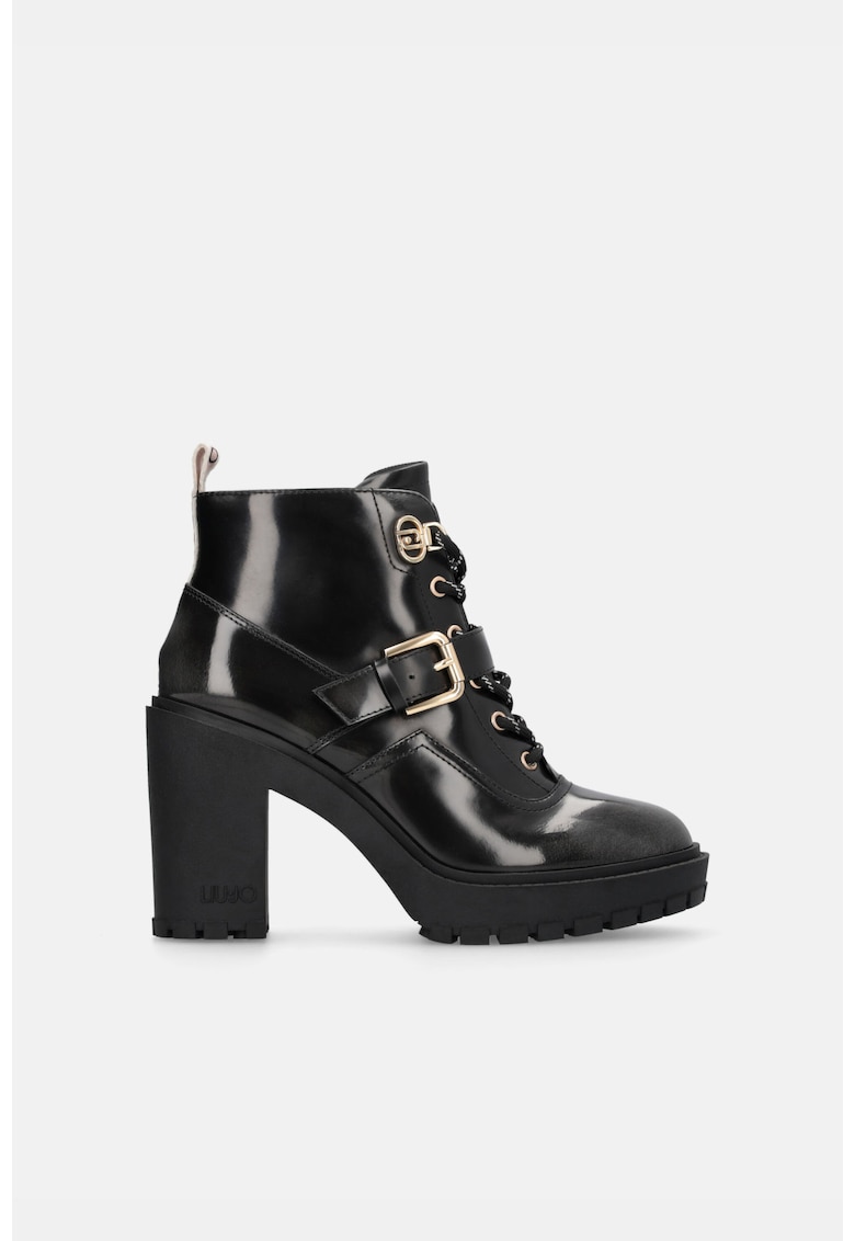Botine de piele si piele ecologica cu toc masiv - Negru