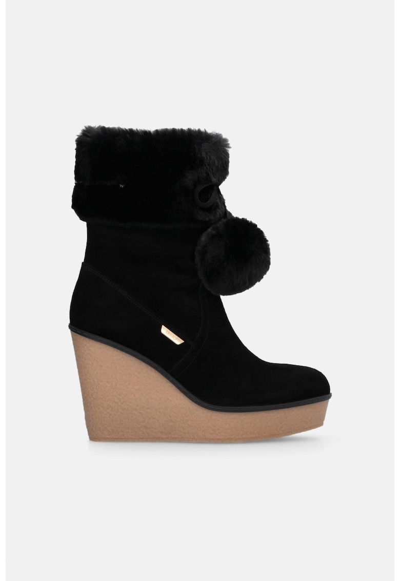 Botine mid-high de piele intoarsa cu garnituri de blana sintetica - Negru