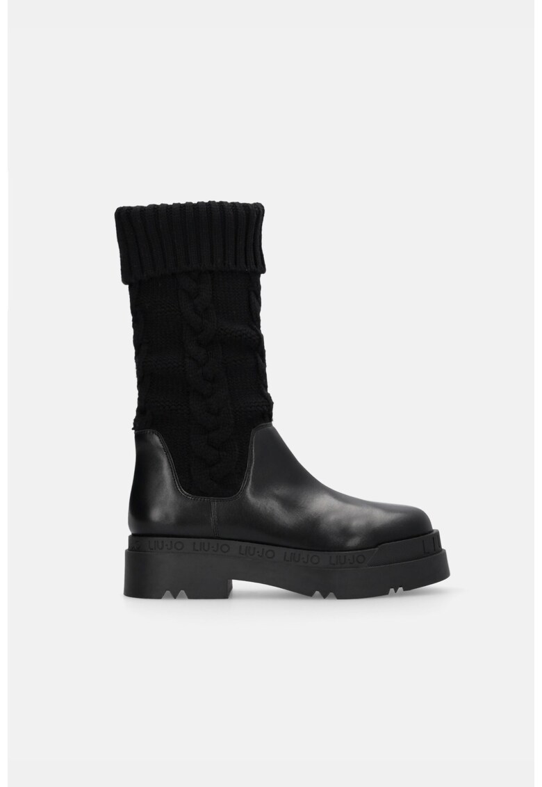 Cizme mid-calf din piele ecologica si tricot - Negru