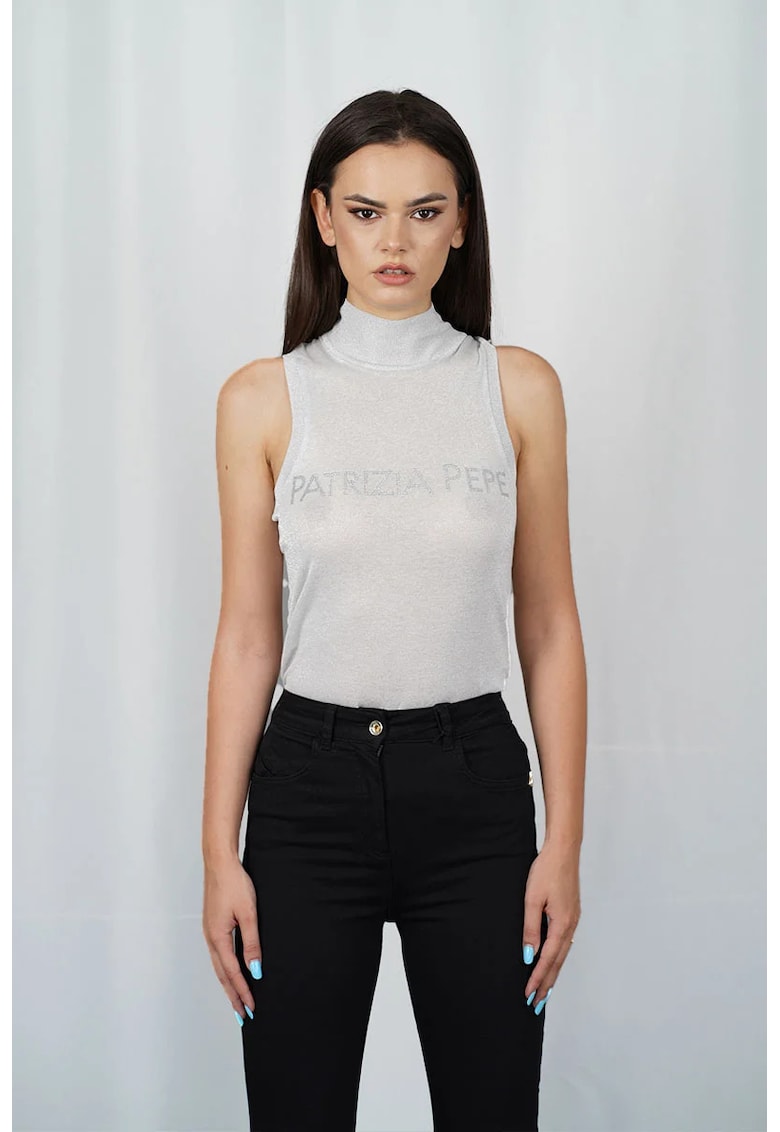 Bluză cu guler înalt fără mâneci cu logo din ștrasuri