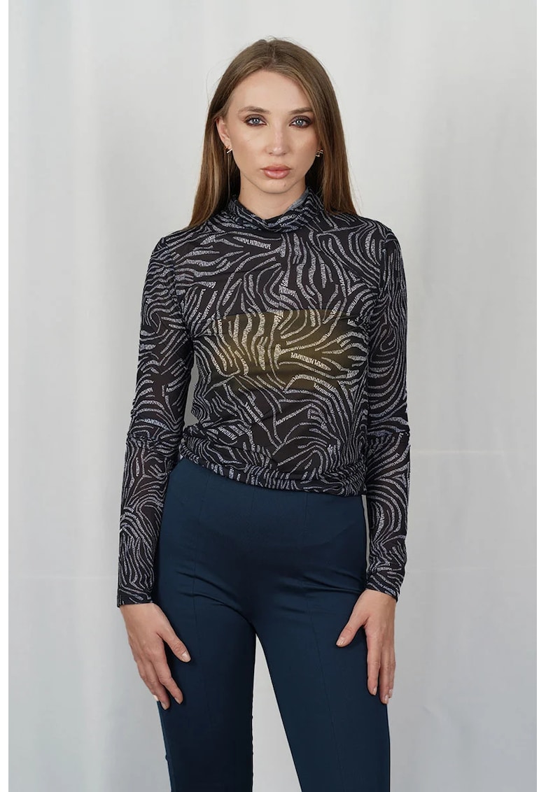 Bluză cu guler înalt cu imprimeu - ușor transparentă cu bustieră contrastantă inclusă