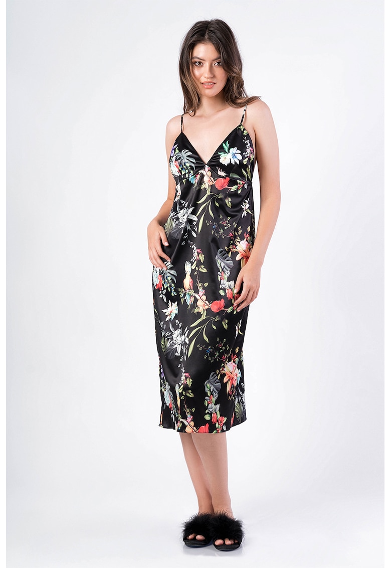 Camasa de noapte din satin cu decolteu in V si model floral