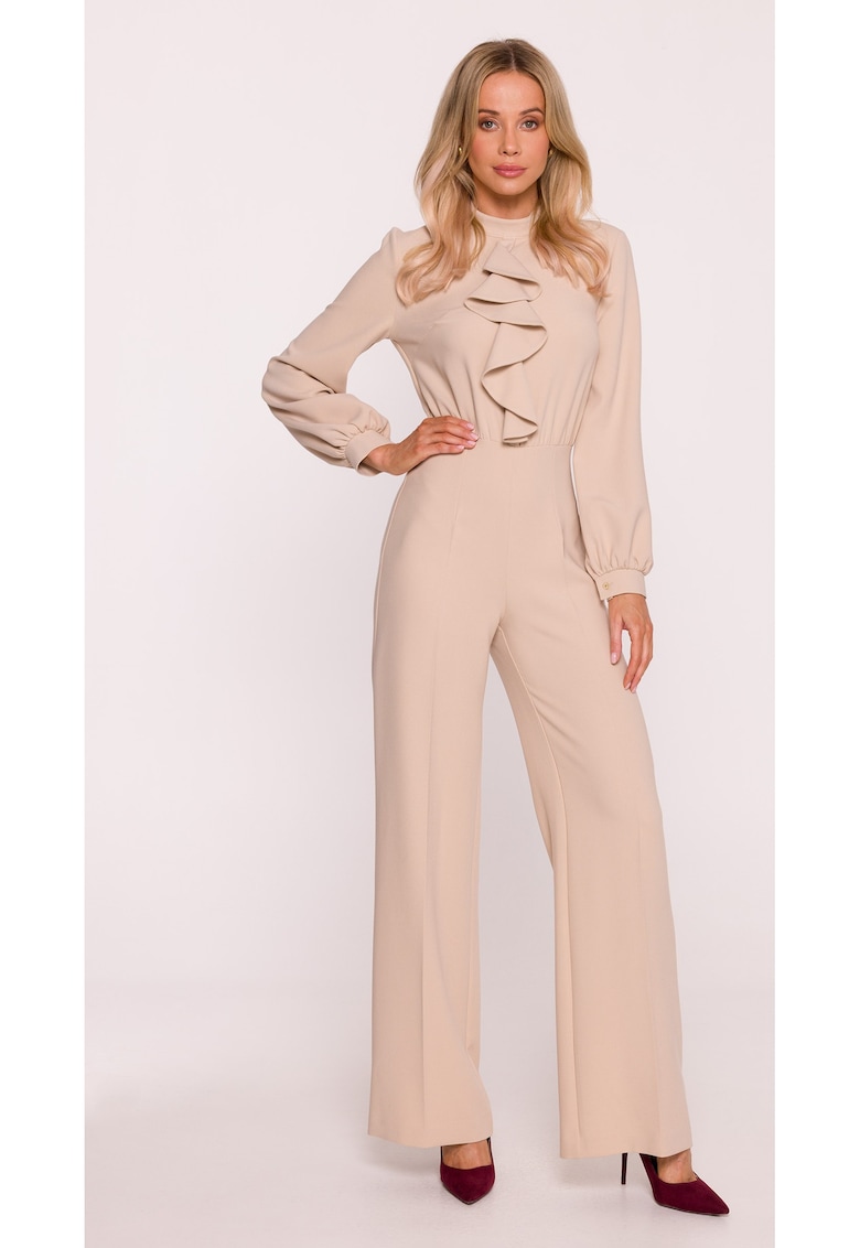 Salopeta eleganta - S420 Bej material neted cu finisaj moale - guler ridicat - maneci lungi bufante - fermoar ascuns