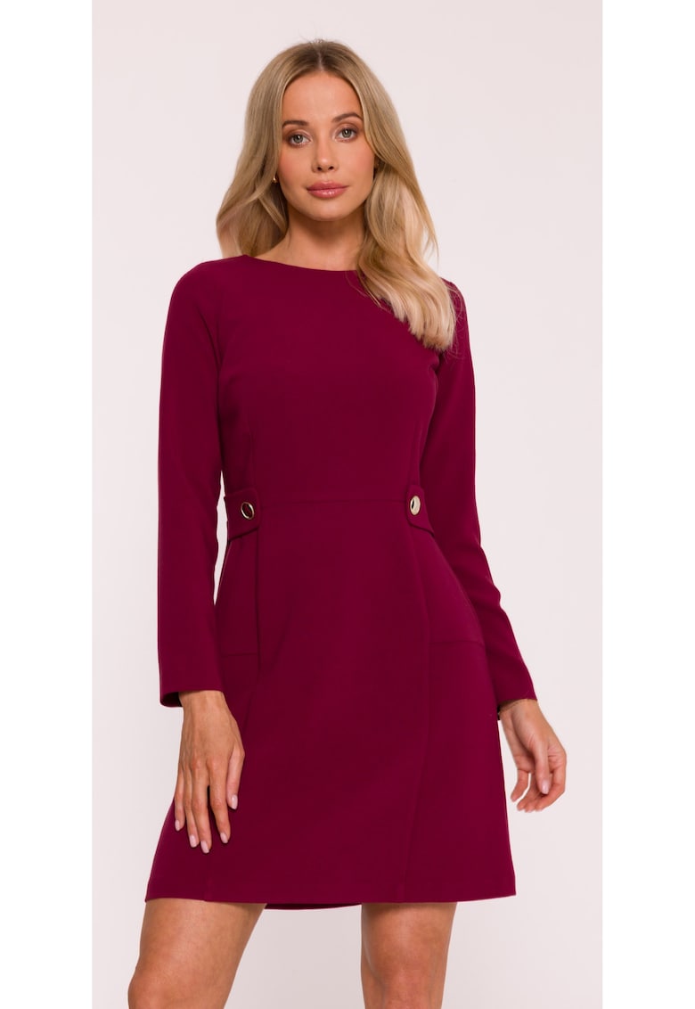 Rochie mini S419 Bordeaux maneci lungi - decolteu rotund - bretele decorative in talie cu nasturi aurii - - material neted cu finisaj moale - inchidere cu fermoar la spate