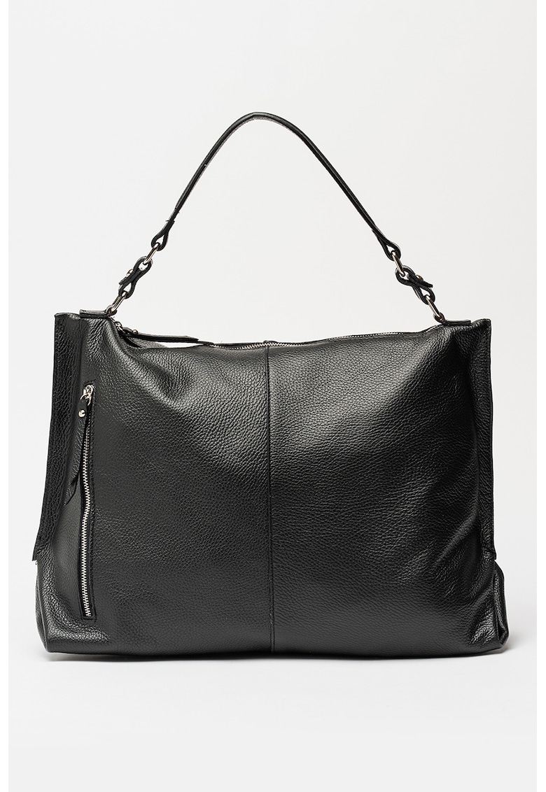 Geanta din piele cu bareta de umar si buzunar lateral cu fermoar - Negru