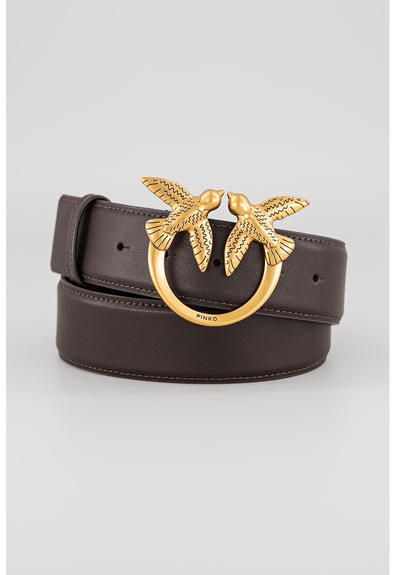 Curea de piele cu catarama metalica Love Birds - Maro inchis