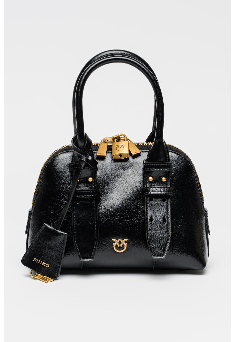 Geanta de piele cu bareta de umar si accesoriu lacat cu logo