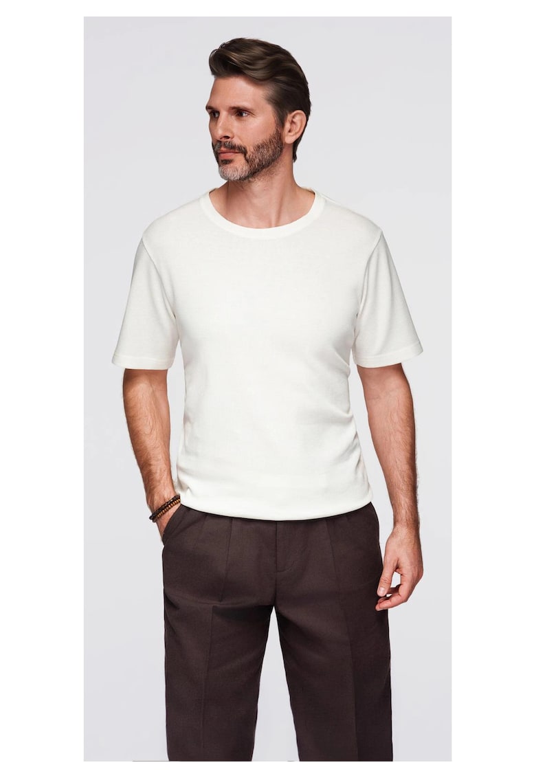 Tricou cu textura tip waffle si decolteu rotund OM-TSCT-0197 - Alb murdar