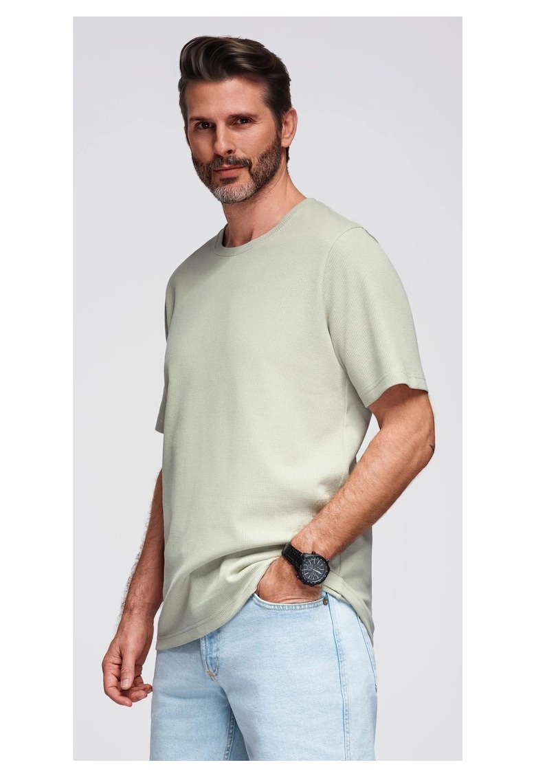 Tricou cu textura tip waffle si decolteu rotund OM-TSCT-0197 - Verde fistic