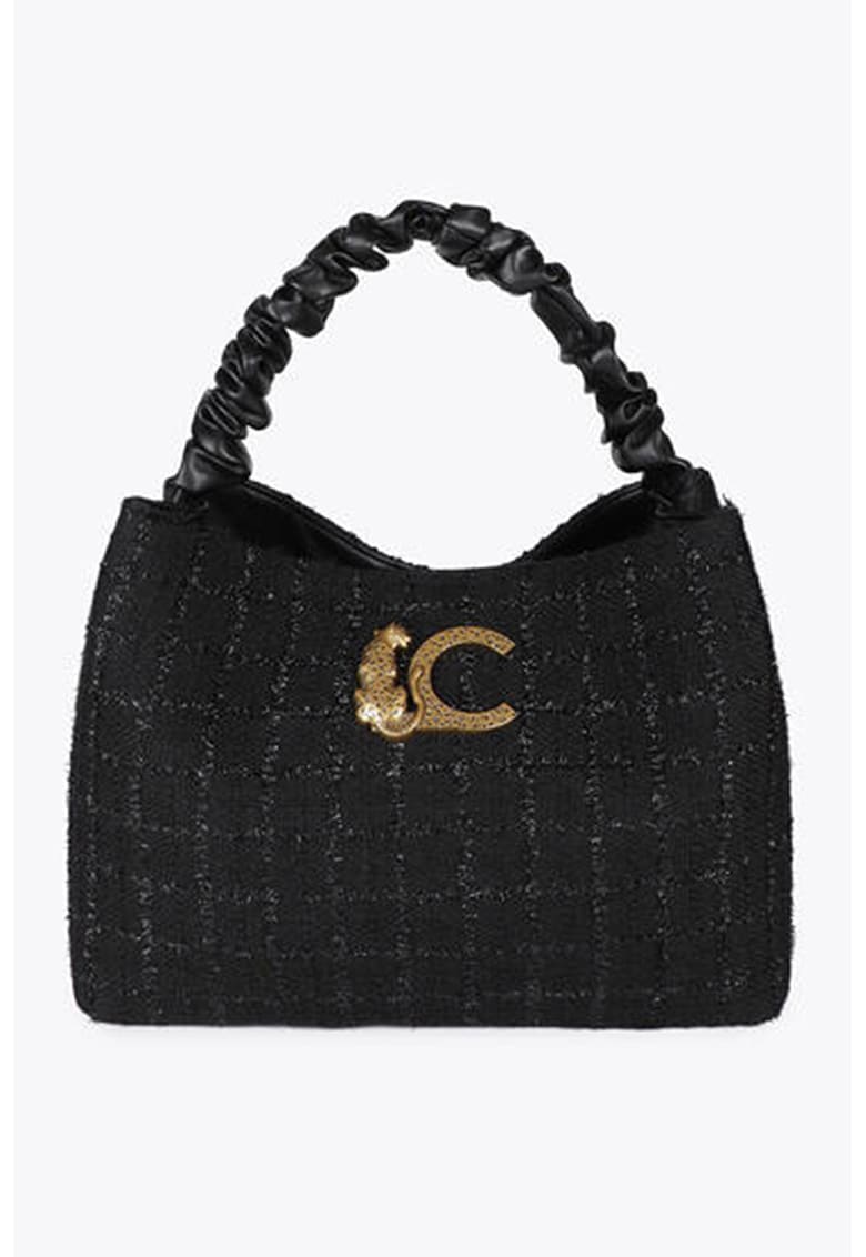 Geanta din material textil cu maner si garnituri de piele ecologica