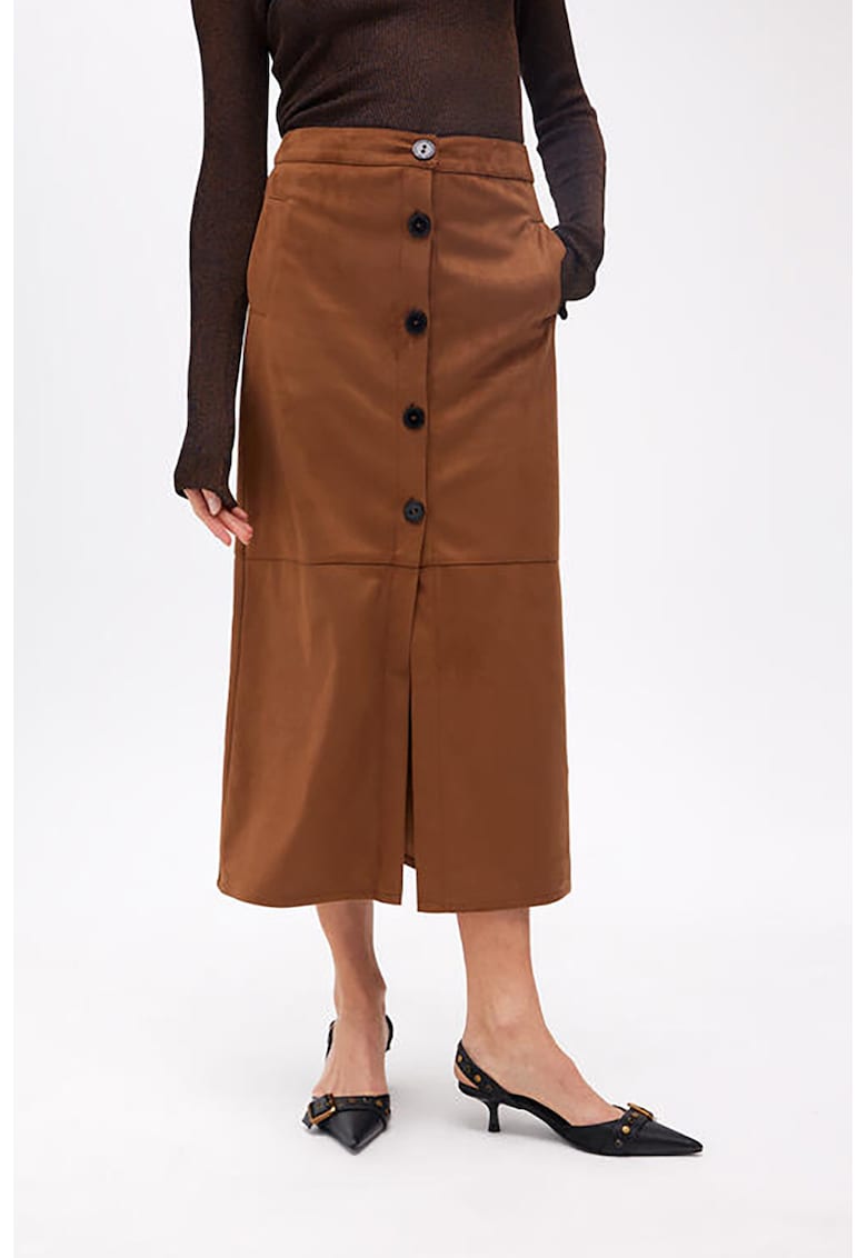 Fusta midi de piele intoarsa ecologica cu buzunare