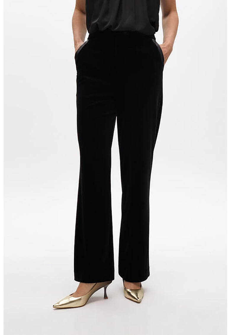 Pantaloni drepti cu talie inalta si garnituri de piele sintetica