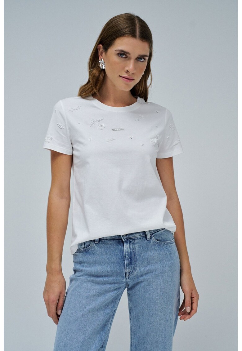 Tricou cu decolteu la baza gatului si paiete - Alb optic