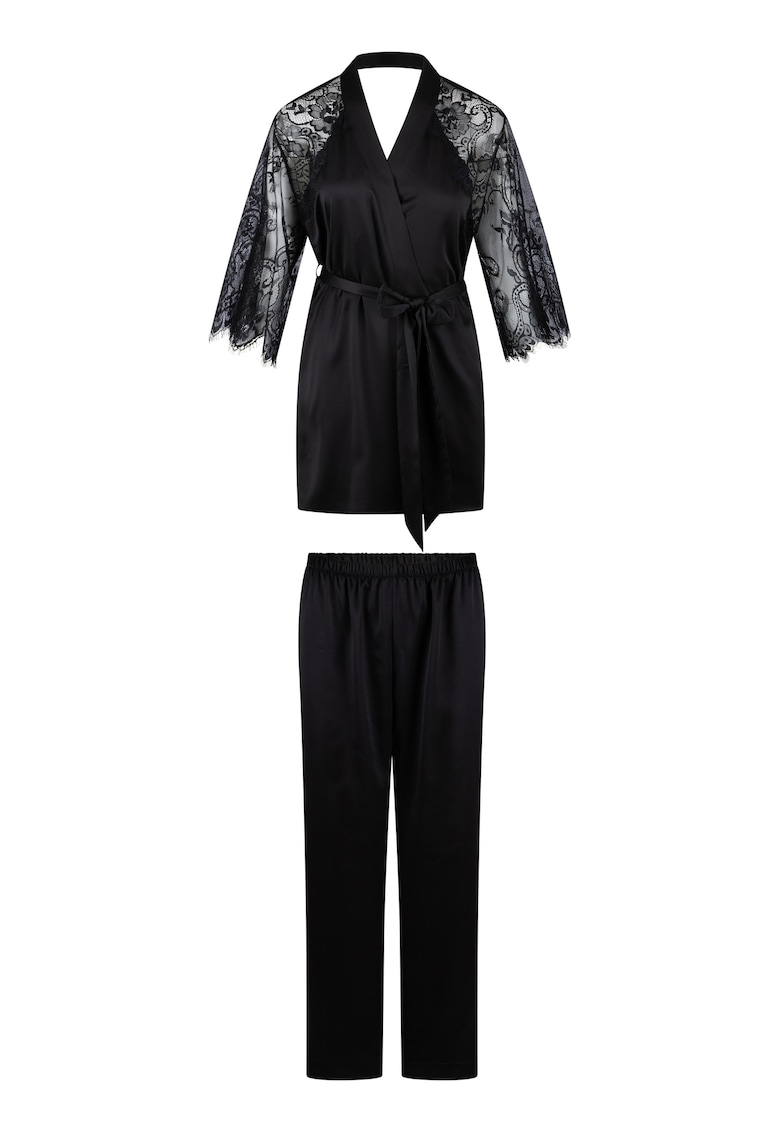 Pijama din satin cu dantela - Negru