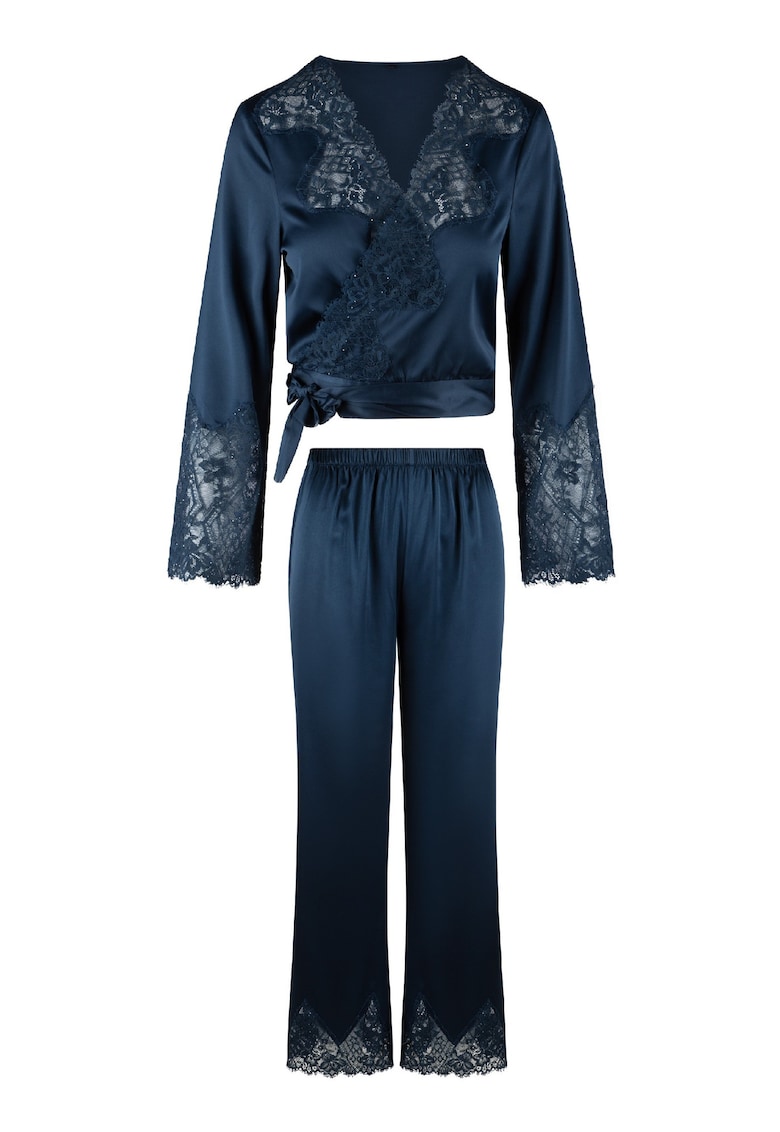 Pijama din satin cu bluza cu maneci lungi - Bleumarin