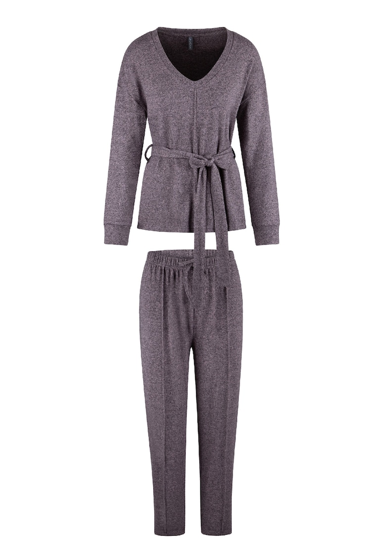 Pijama cu decolteu in V si model uni - Roz prafuit