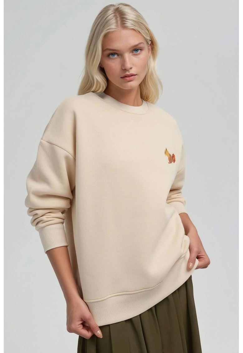 Hanorac dama confortabil - brodat cu model animal - crem - bumbac