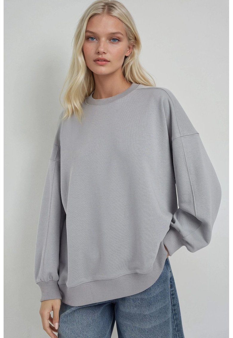 Hanorac tricotat -  guler rotund - croiala lejera - gri - tricot