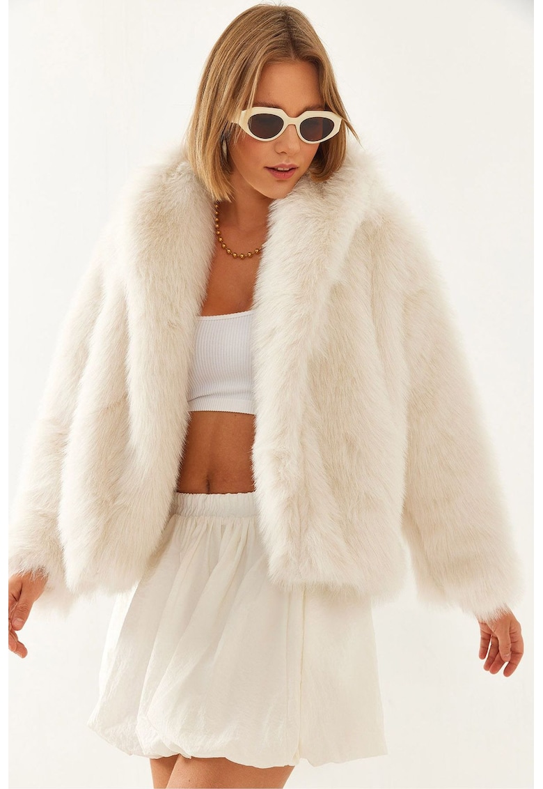 Palton din blana artificiala -  model cu guler sal - bej - fleece