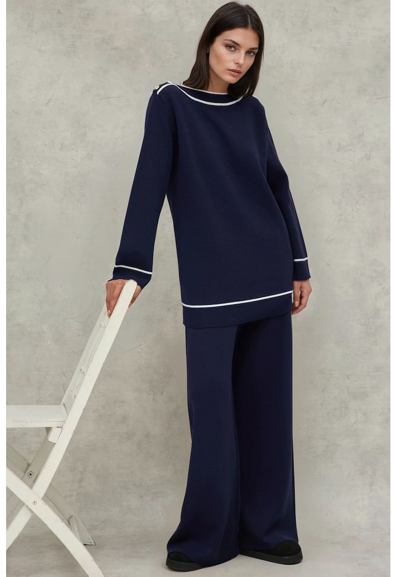 Set asortat femei - pulover cu nasturi si pantaloni lati - bleumarin - tricot