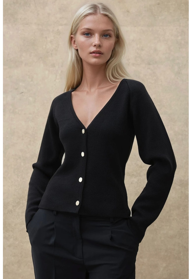 Cardigan - mulat - decolteu in V - negru - tricot