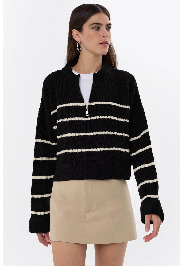 Pulover tricotat - cu dungi - fermoar - negru - acrilic