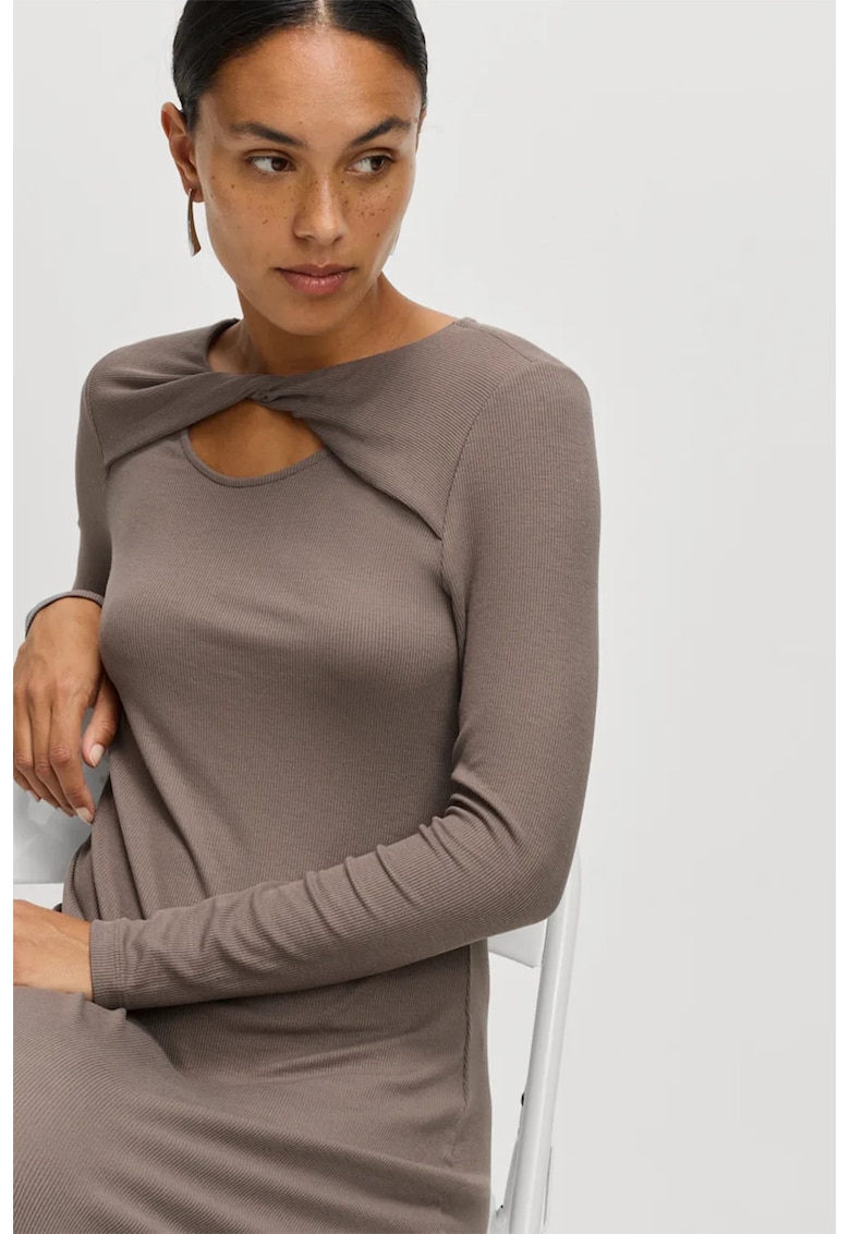 Rochie midi striata cu maneci lungi si decolteu rasucit