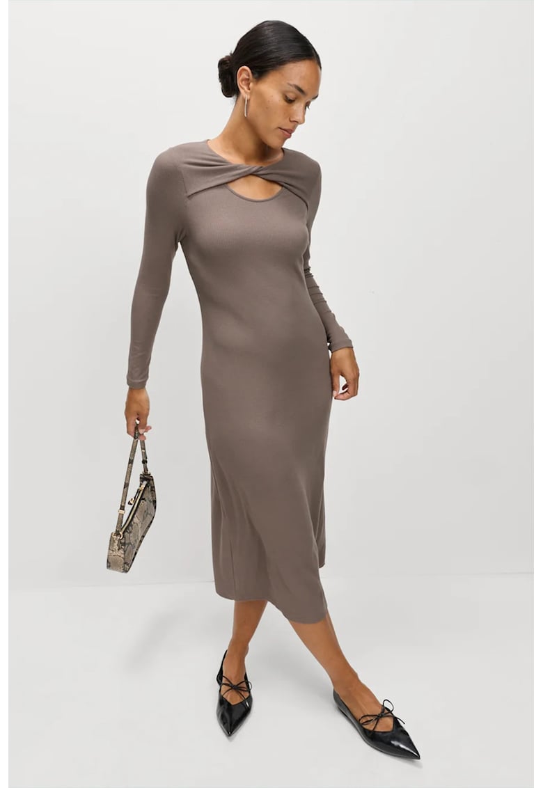 Marks Spencer Rochie midi striata cu maneci lungi si decolteu rasucit - Maro taupe