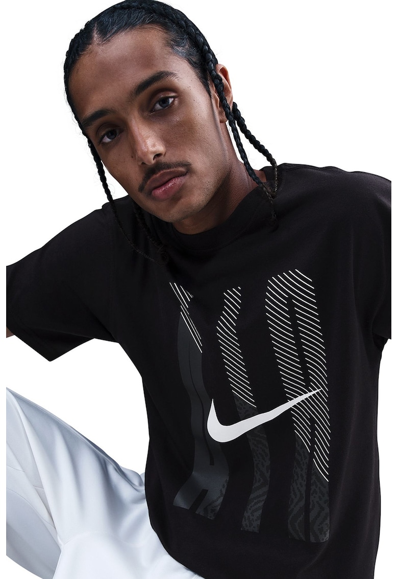 Tricou lejer din bumbac cu decolteu la baza gatului - Negru