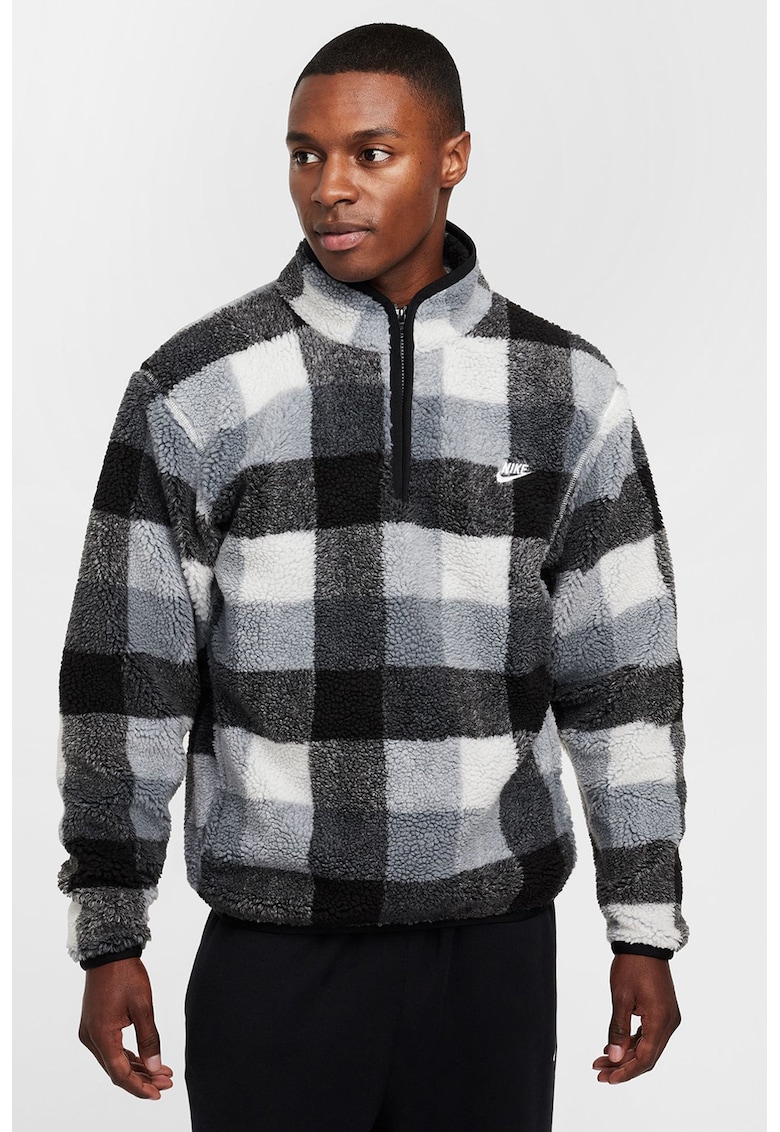 Bluza din material fleece cu fermoar scurt si logo - Albastru prafuit/Negru stins/Alb optic