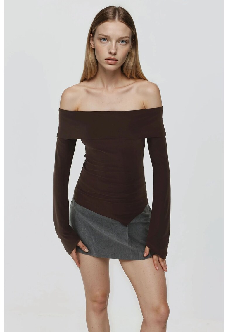 Bluza dama - decolteu asimetric - elastan/poliester - maro inchis