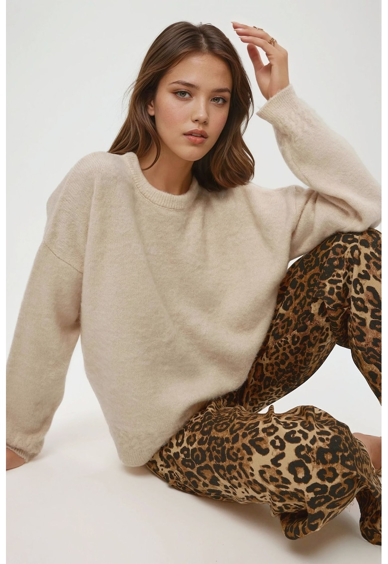 Pulover dama -  pulover cu guler rotund - textura impletita - crem - tricot -