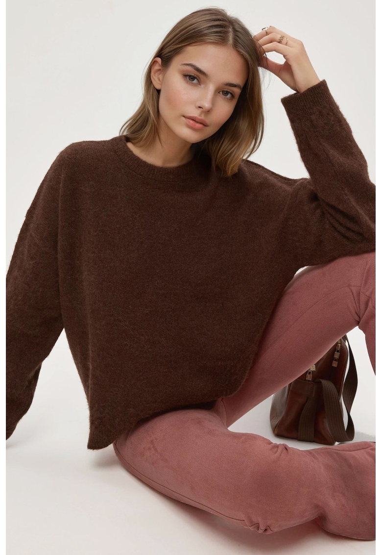 Pulovere dama -  pulover cu guler rotund - textura impletita - maro cognac - tricot -