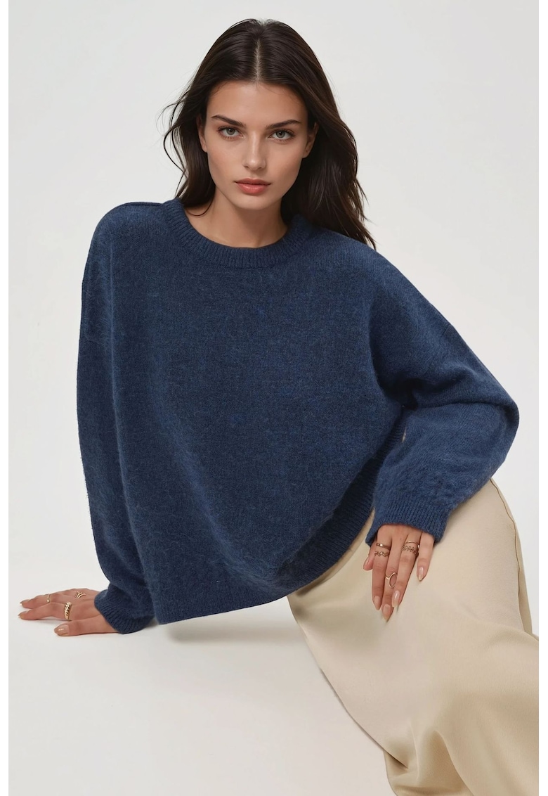 Pulovere dama -  pulover cu guler rotund - textura impletita - albastru inchis - tricot -