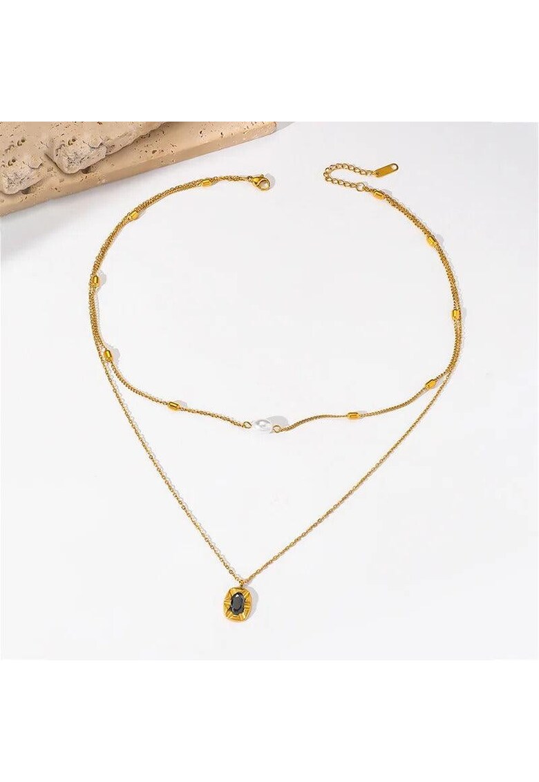 Colier auriu - din otel inoxidabil - suflat cu aur 18k - cu perluta si piatra - Dotta C1