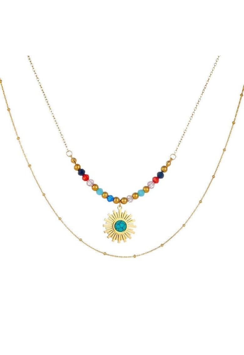 Colier auriu - din otel inoxidabil - suflat cu aur 18k - cu margelute si soare - Dunya C1